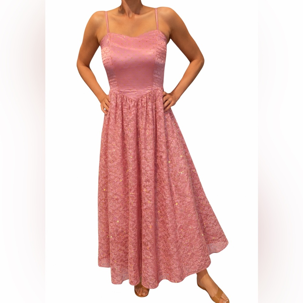 Vintage 80s Formal Fit and Flare Pink Lace Ballerina Inspired Party Dress